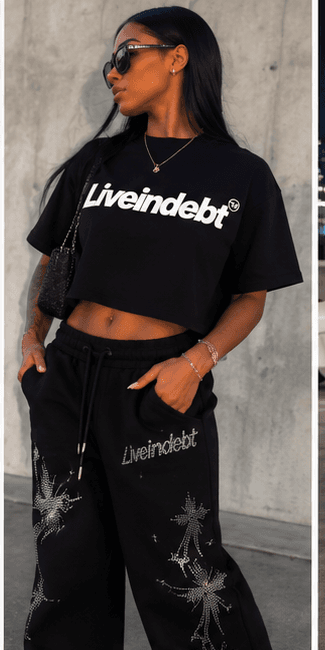 Cropped tee with rhinestone sweatpant, parking deck